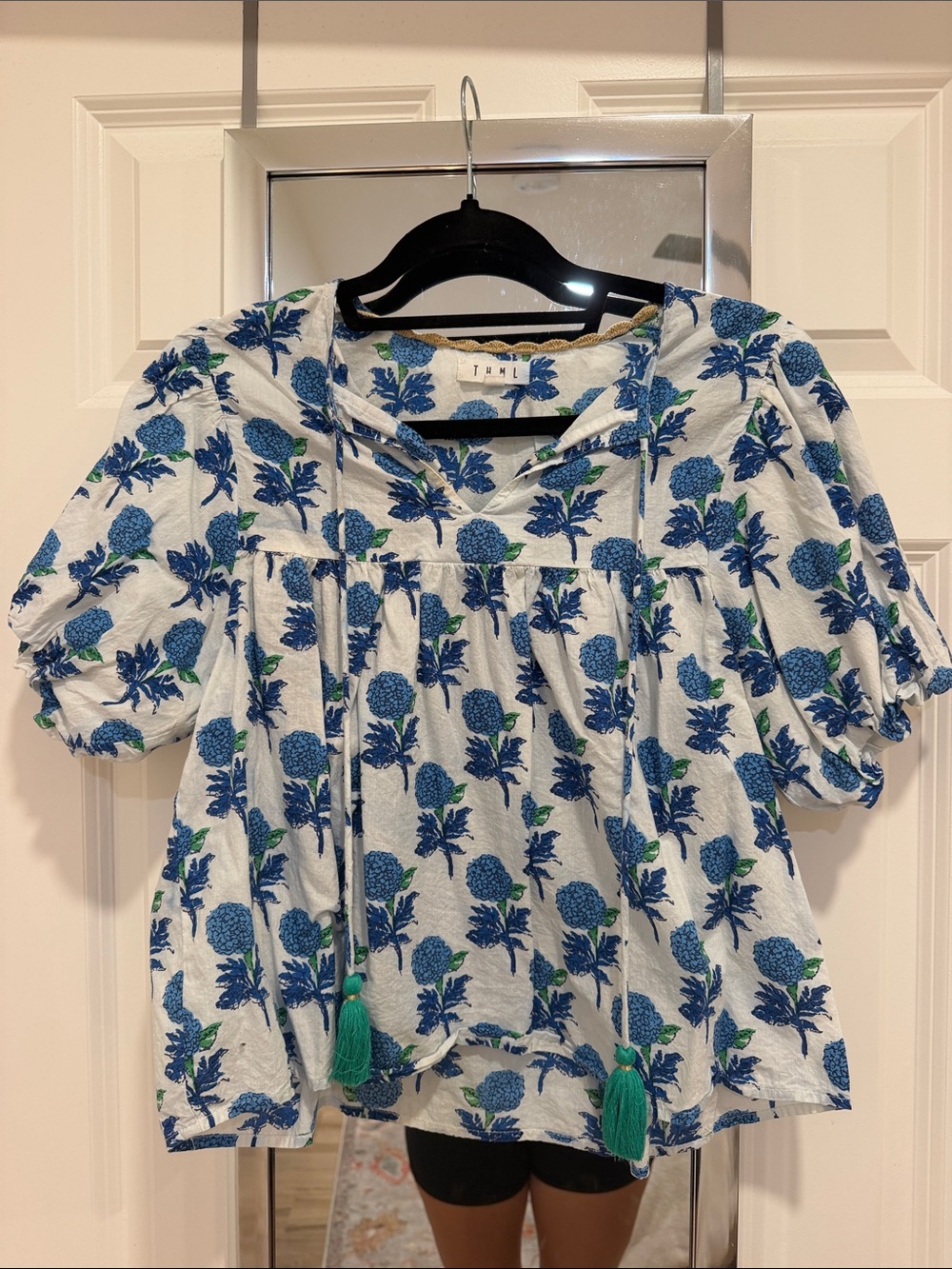 THML White Top with Blue & Green Floral Print and Tassel Tie
